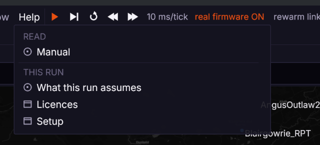 The Help menu: Manual under READ, and the run's own answers under THIS RUN