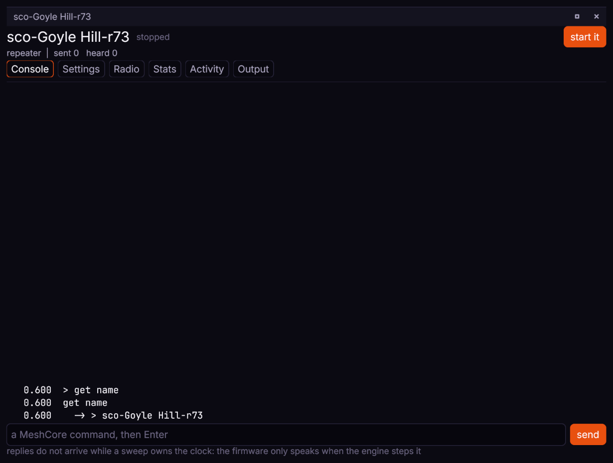 A repeater's console: a typed command, and the node's own answer
