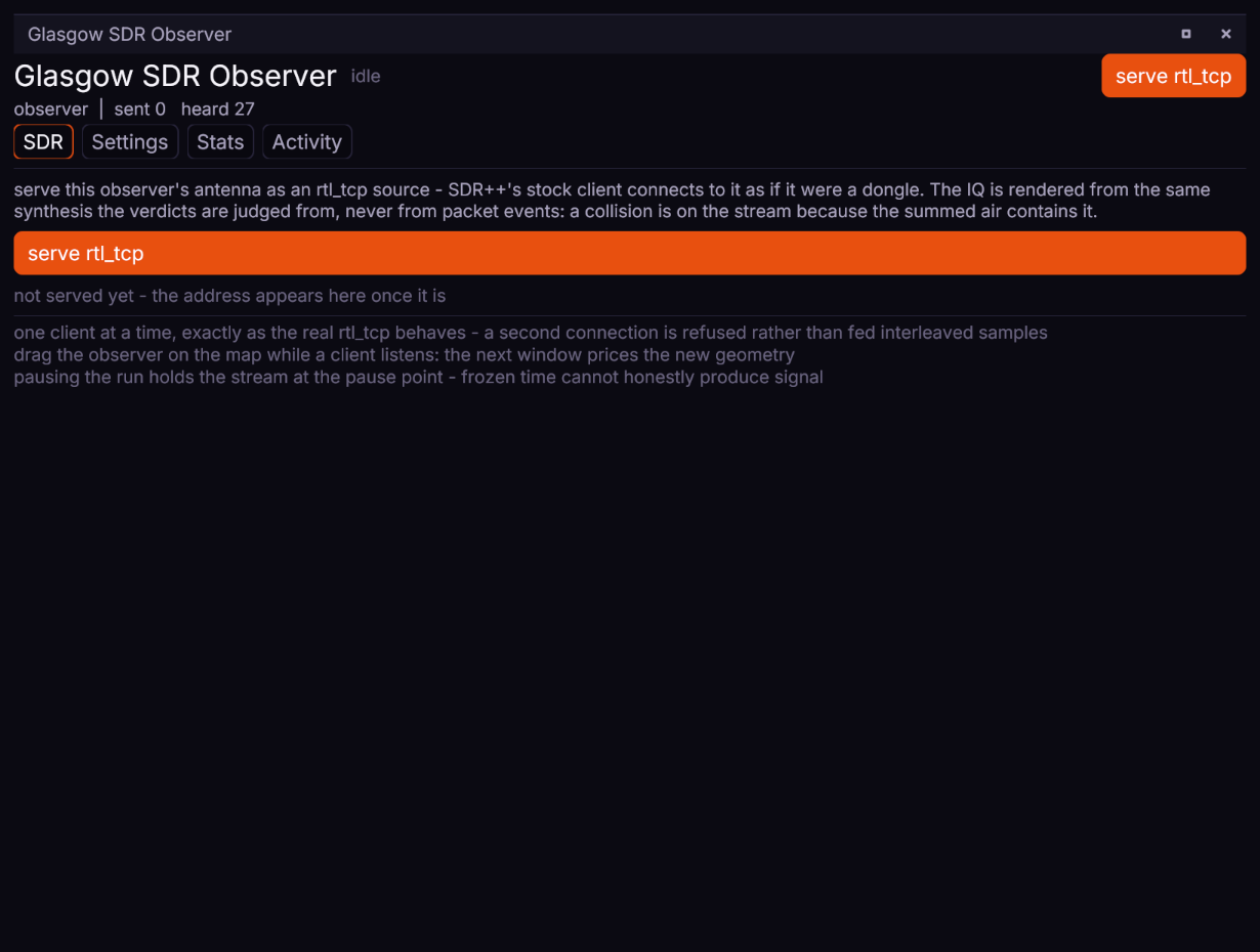 An observer's node window on its SDR pane, ready to serve rtl_tcp