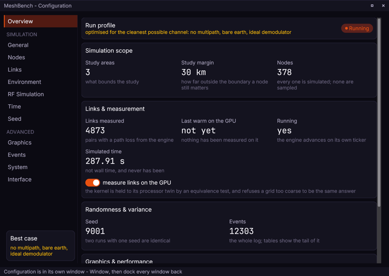 The Configuration window's overview: scope, links, randomness, and the run profile
