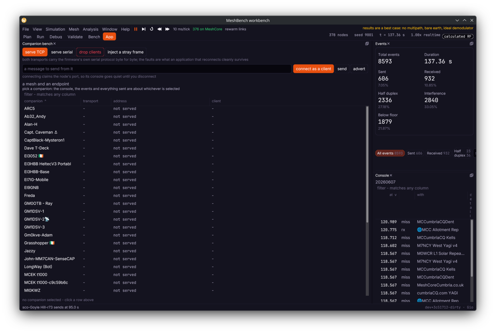 The App view: the Companion bench beside the live event counters and a node's console