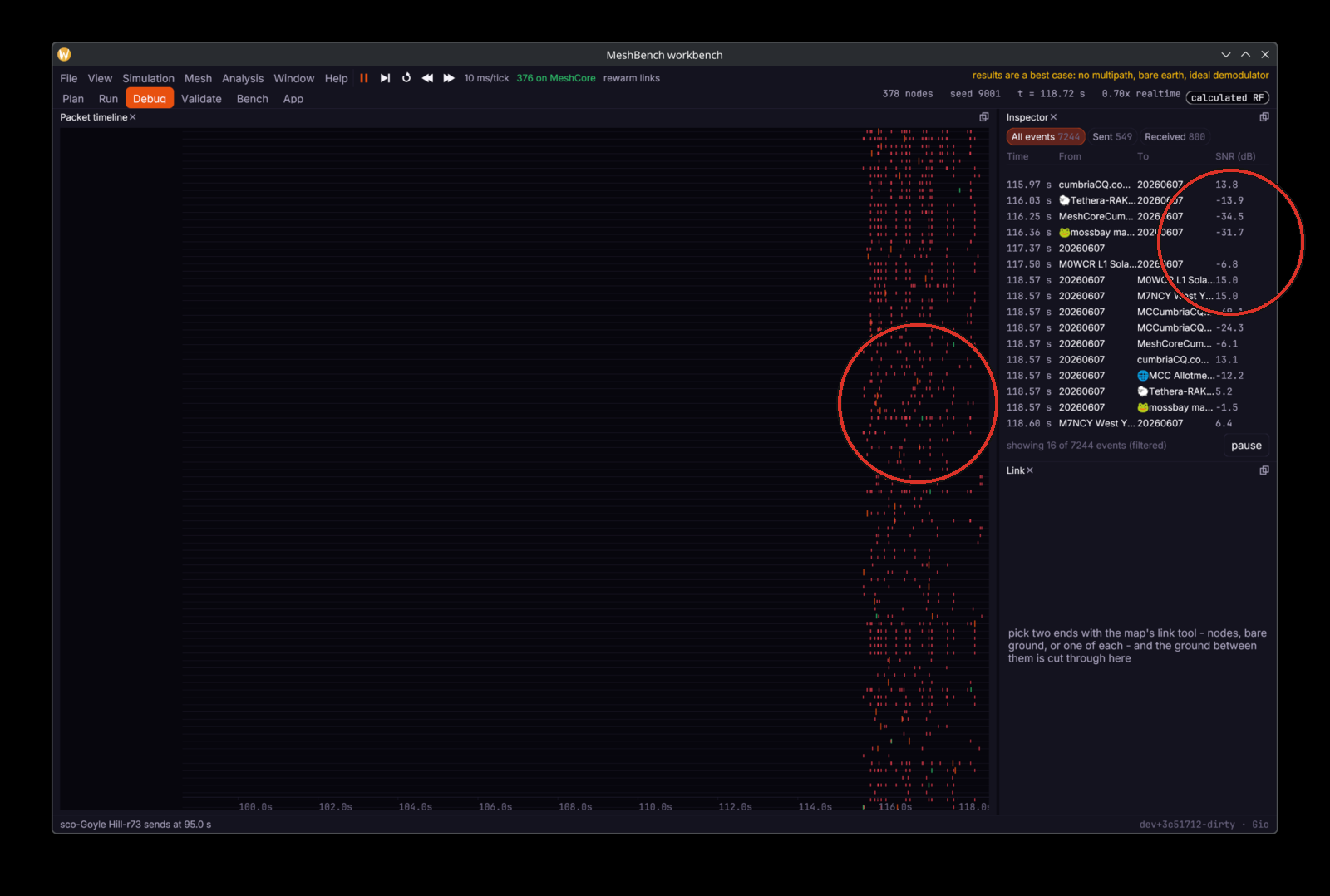 The Debug view. The marks: a flood burst on the packet timeline, and the Inspector's SNR column where each event's strength is read