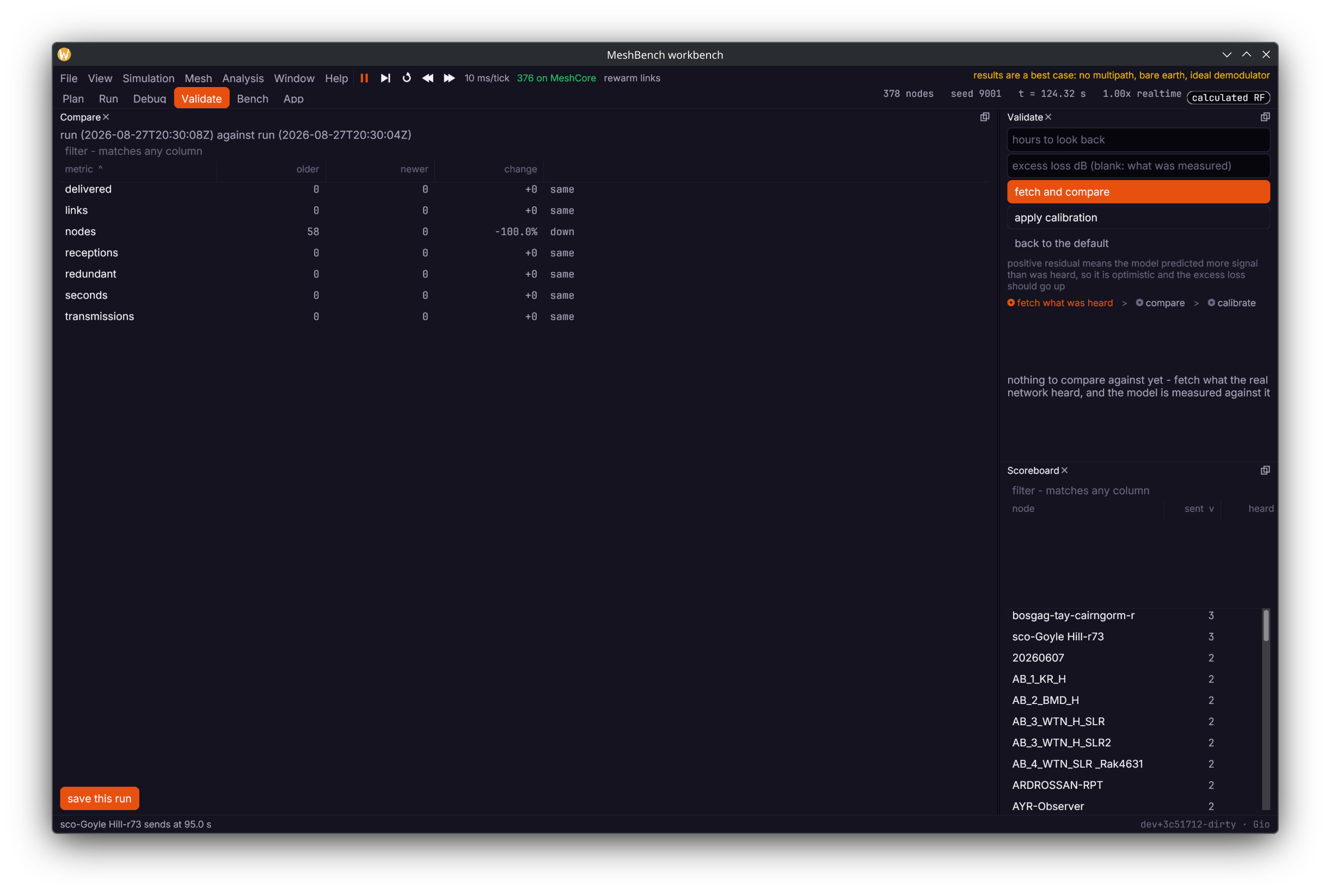 The Validate view: fetch what was heard, compare, calibrate