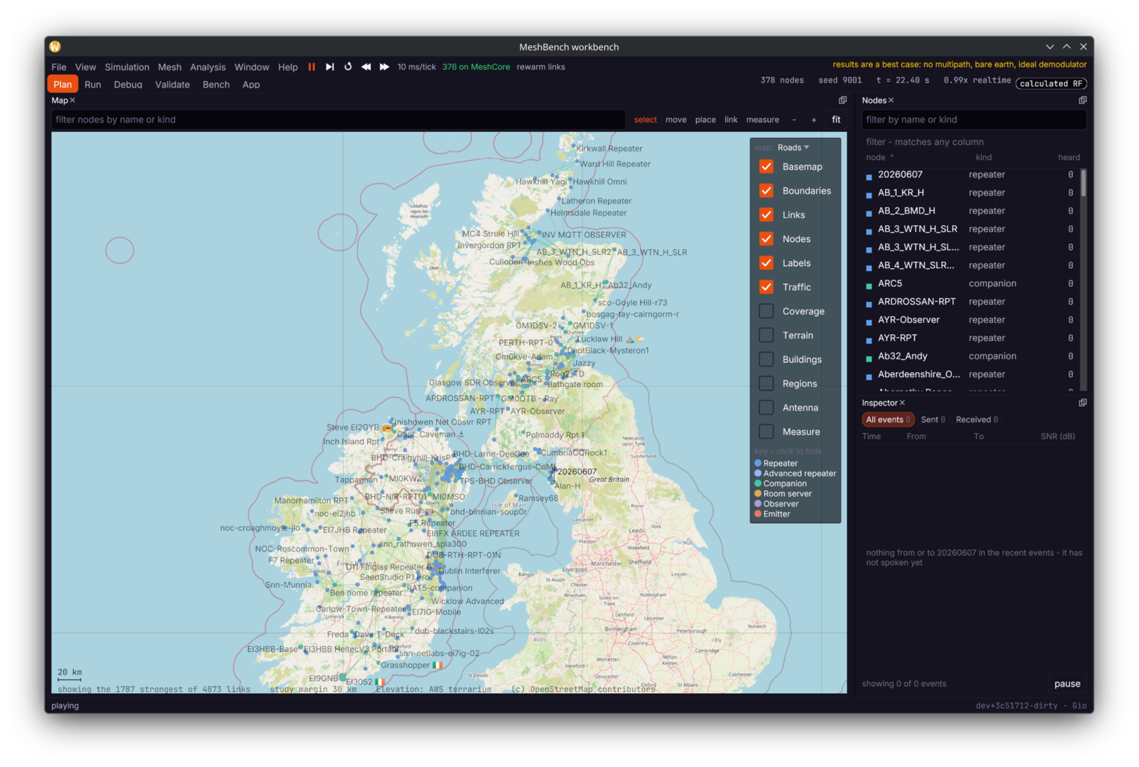 The workbench: the shipped Scotland and Ireland network on the map, links drawn, real firmware running on every node
